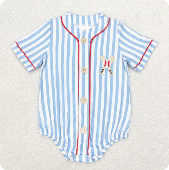 SR1459 3.28y Embroidered baseball blue striped short-sleeved romper
