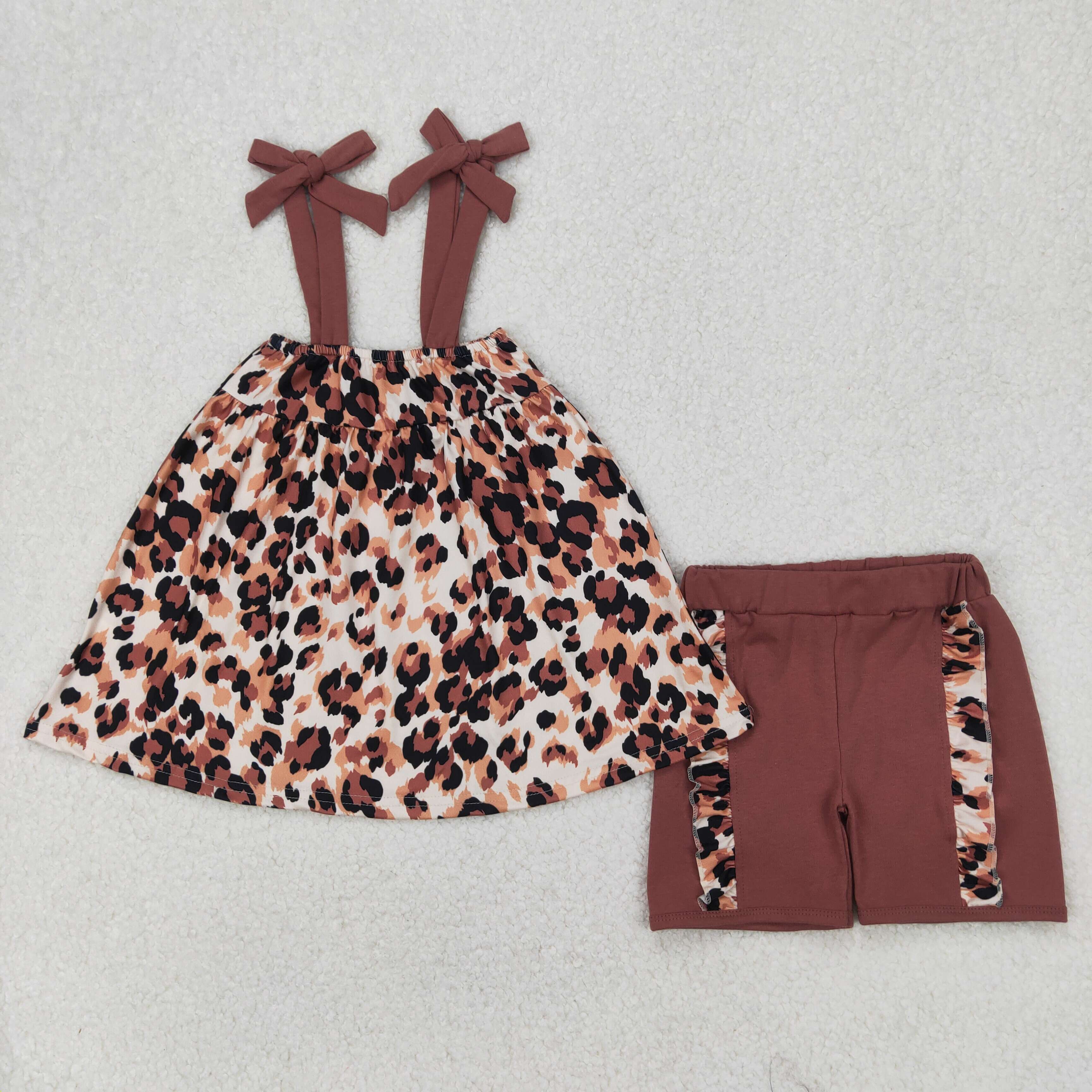 GSSO2352 3.29y Brown leopard print beige suspender shorts suit
