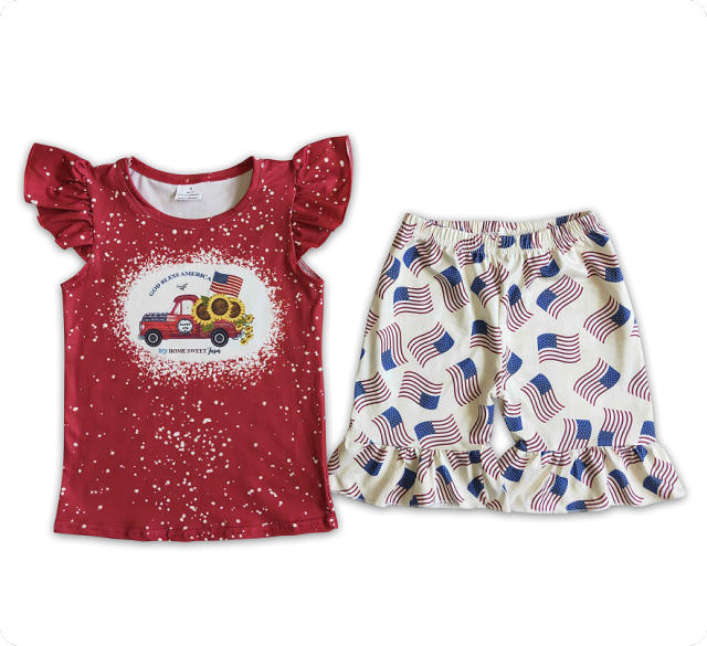 D9-19 3.29y Sunflower flying sleeve flag shorts set