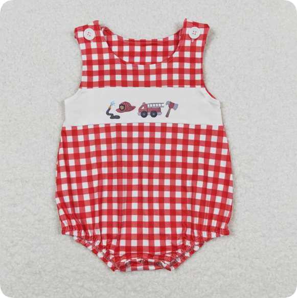 SR1174 4.1y Fire truck red and white plaid vest romper