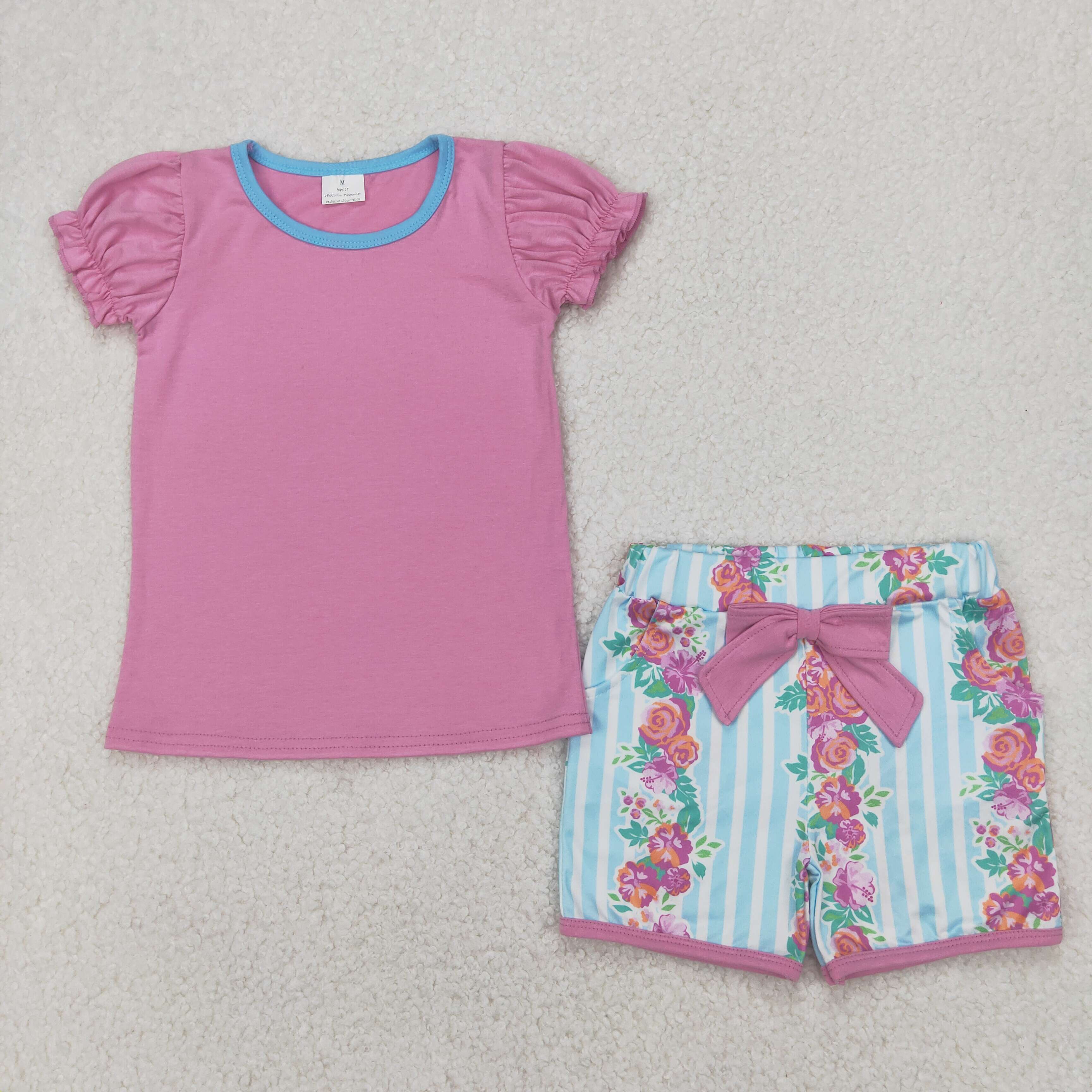 GSSO2389 4.2y Solid rose red short-sleeved floral blue striped shorts suit