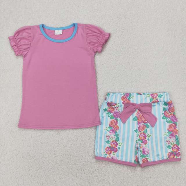 GSSO2389 4.2y Solid rose red short-sleeved floral blue striped shorts suit