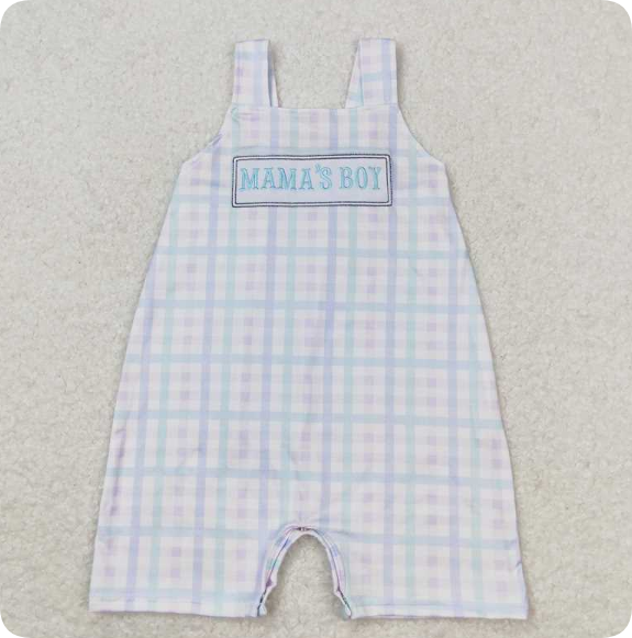 SR1092 4.2y  mama's boy embroidered lettering colorful plaid sleeveless romper