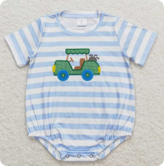 SR0795 4.2y  Embroidered golf cart blue and white striped short-sleeved  romper