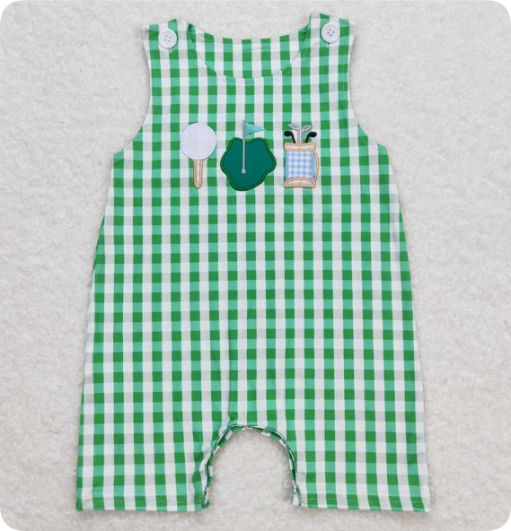 SR0796 4.2y  Embroidered golf green and white sleeveless romper