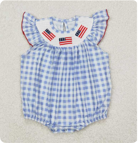 SR25713.29y smocked girls National Day embroidered flag blue plaid vest romper