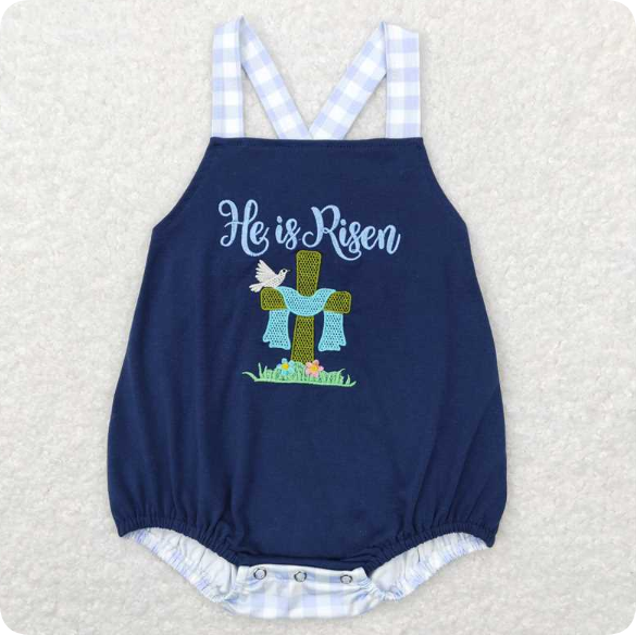SR0565 4.4y he is risen navy blue blue and white plaid vest jumpsuit with embroidered romper