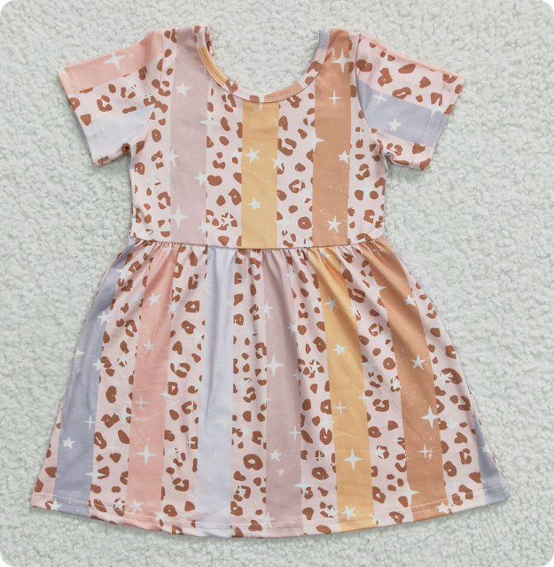 GSD0266  4.4y Girl's colorful striped star leopard print short-sleeved dress