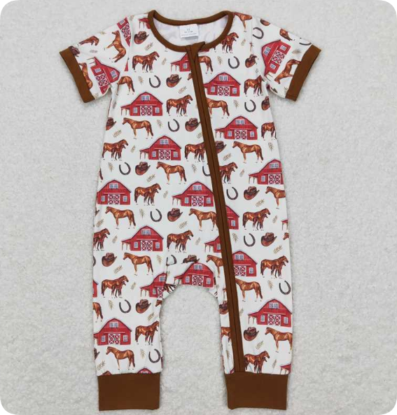 SR0509 4.7y Farm Red House Horse Brown Beige Zip Short Sleeve romper