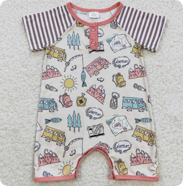 SR0394   4.7Y Camping bus fishing backpack striped short-sleeved romper