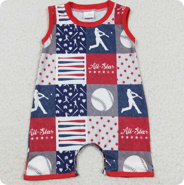 SR0356 4.9Y Baseball Plaid Red Sleeveless romper