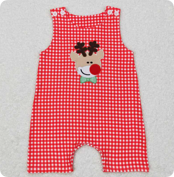 SR0409 4.9Y Embroidered Deer Red Plaid Sleeveless romper