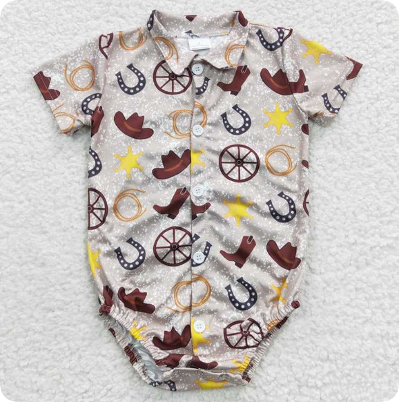 SR0399 4.9Y Cowboy hat boots wheel light grey short sleeve romper