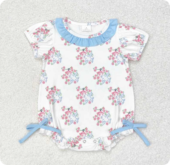 SR1627 4.10 Y White short-sleeved jumpsuit with flower and bird's nest blue lace romper