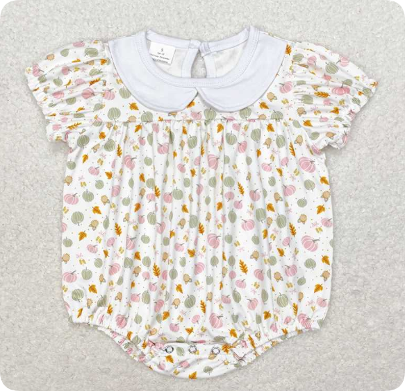 SR1699 4.10 Y Pink Pumpkin Leaf Doll Collar White Short Sleeve romper