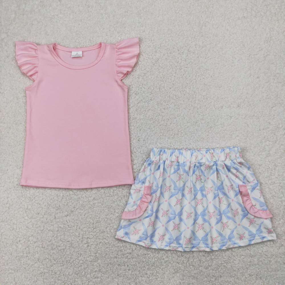 GSD2360 4.10 y Pink flying sleeves blue bow flower pocket white skirt suit