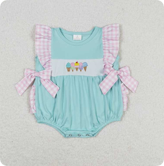 SR1260 4.11 Y Embroidered Ice Cream Plaid Teal Sleeveless romper