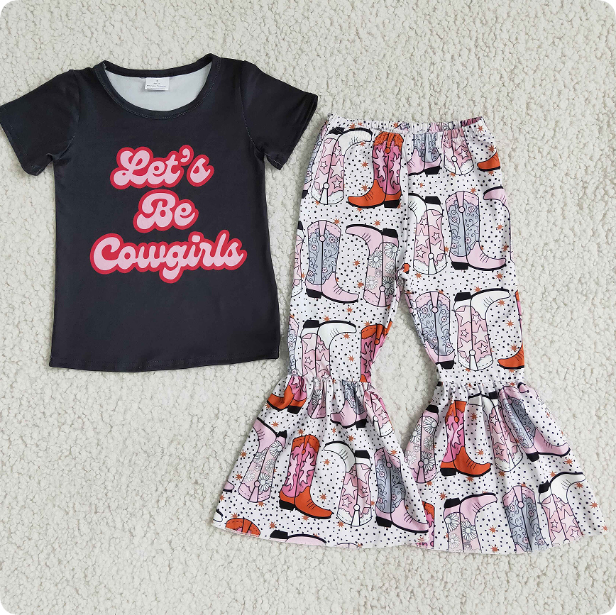 E1-14 4.12y Black short-sleeved boots with lettering pattern flared pants set