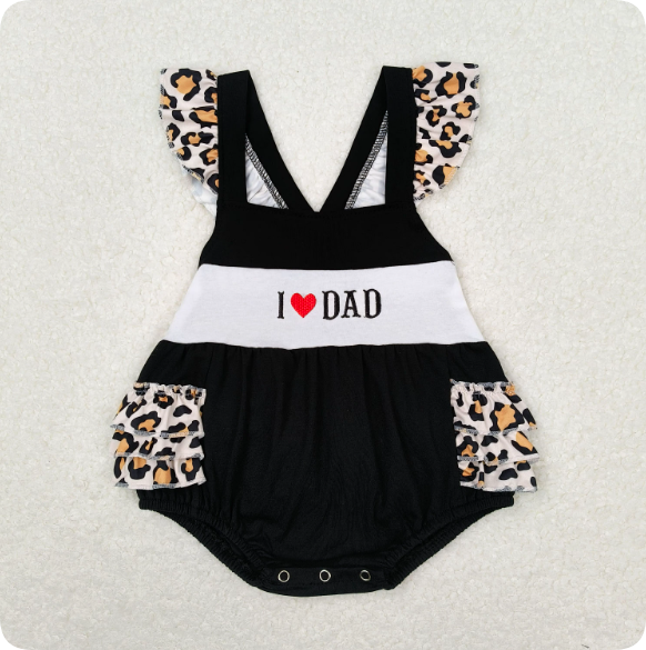 SR0958 4.12 Y I love dad embroidered letters leopard lace black vest romper
