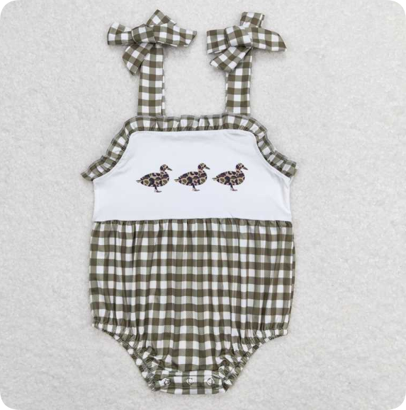 SR1168 4.14 YThree Ducks Army Green Plaid Camisole romper