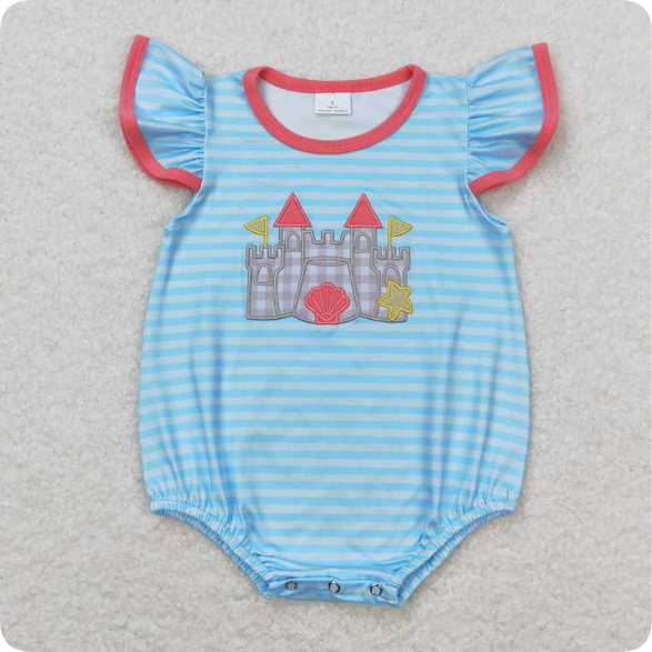 SR1317 4.14 YEmbroidered Rose Red Shell Star Castle Striped Vest romper
