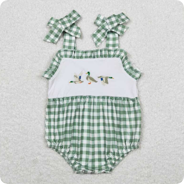 SR1065 4.14 Y Embroidered Duck Green and White Plaid Lace Camisole romper