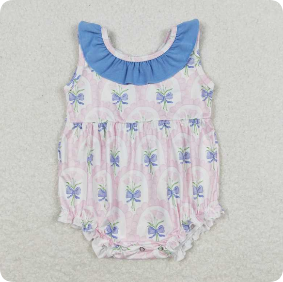 SR1181 4.15 YPink Flower Blue Lace Tank romper