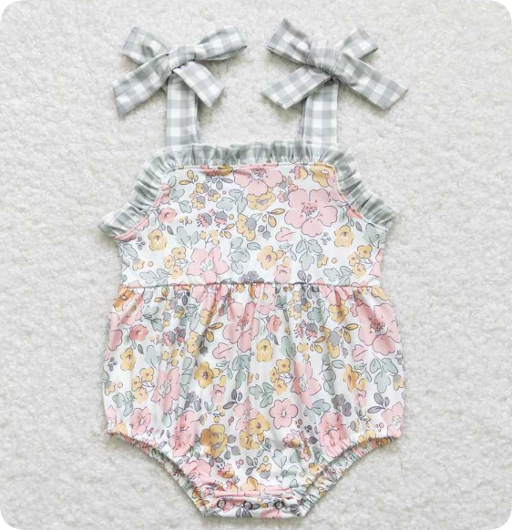 SR0921 4.15 Y Floral Green Plaid Suspender  romper