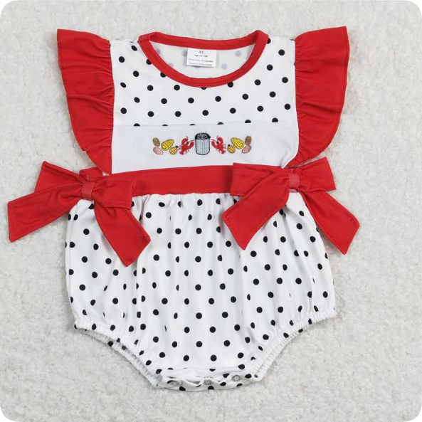 SR0742 4.16 Y Embroidered Corn Crayfish Red Lace Bow Polka Dot Vest romper
