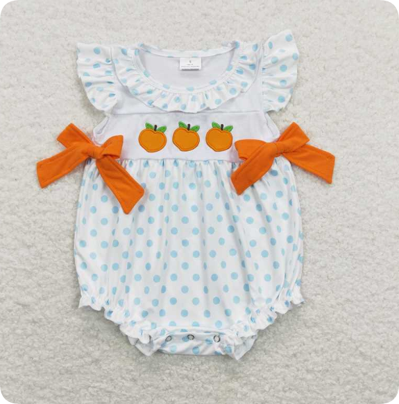 SR0737 4.16 Y Embroidered orange bow blue polka dot orange and white vest romper