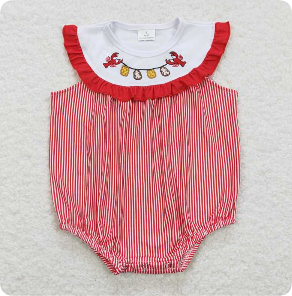 SR0741 4.16 Y Embroidery Crayfish Corn Red Lace Stripe Sleeveless romper