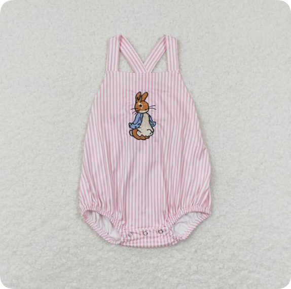 SR0462 4.17 Y Embroidered Pink and White Striped Bunny Vest romper