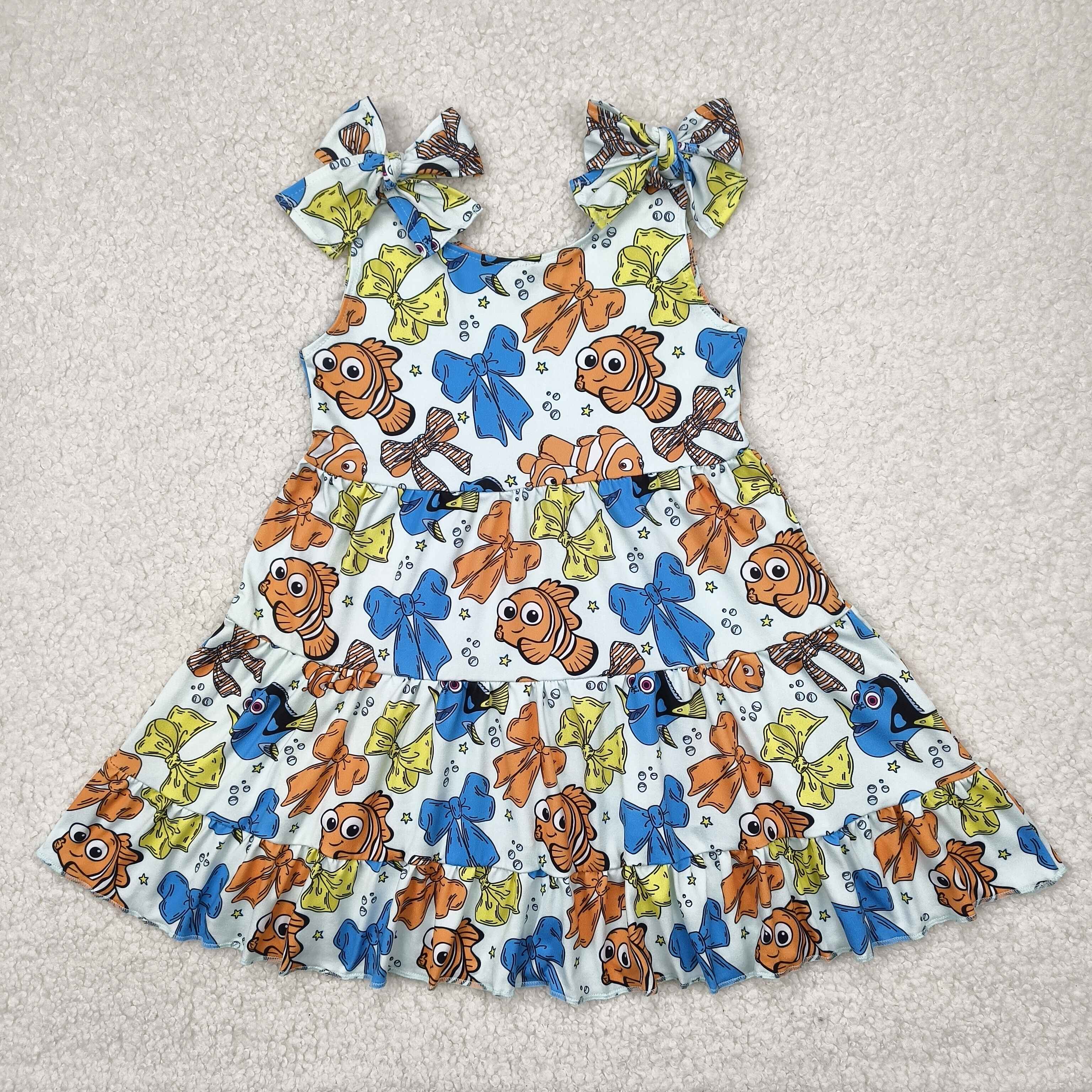 GSD2462 4.18y Cartoon Finding Nemo Fish Bow Pattern Teal Sling Dress