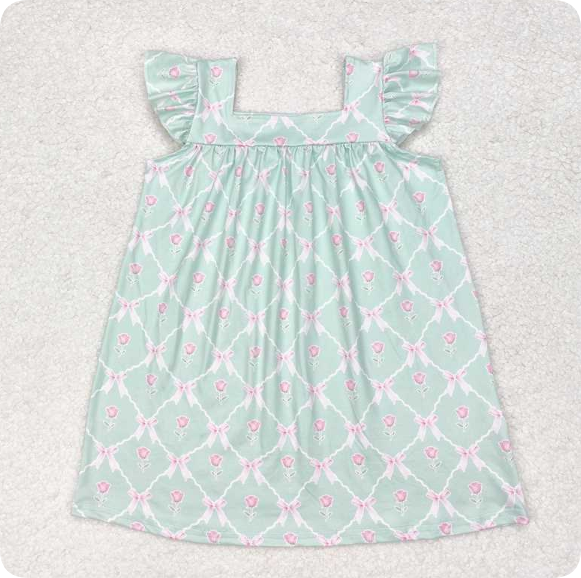 GSD1112 4.18y Green floral bow dress with flying sleeves