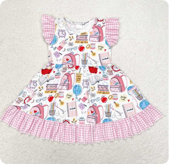 GSD1304 4.18y Pink plaid lace flying sleeve dress with school bag and globe dress