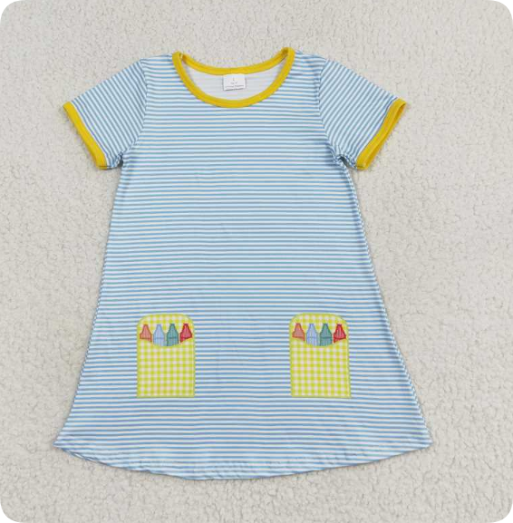 GSD1311 4.18y Pastel Yellow Plaid Blue Striped Short Sleeve Dress
