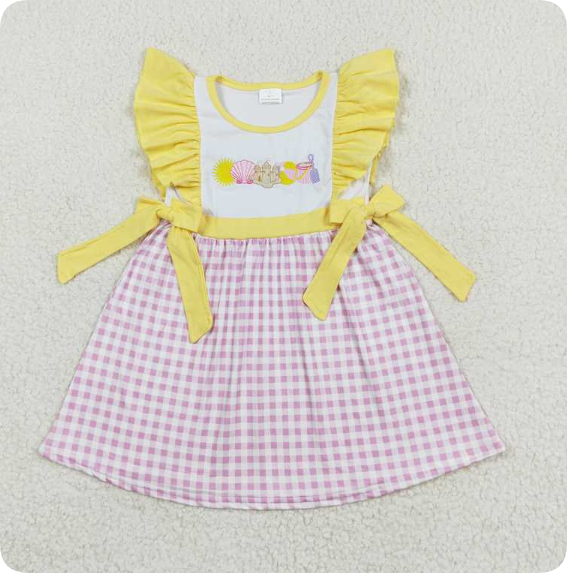 GSD0600 4.19y Embroidery Shell Castle Beach Ball Pink and White Plaid Yellow Lace Bowknot Flying Sleeve Dress