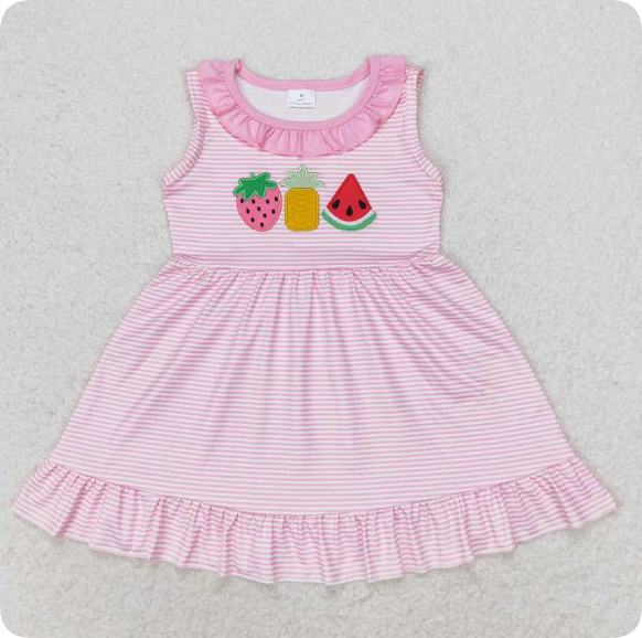 GSD1055 4.19y Embroidery Strawberry Pineapple Watermelon Striped Pink Lace Sleeveless Dress