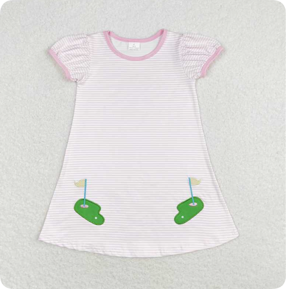 GSD0829 4.19y Embroidered Golf Stripe Pink Short Sleeve Dress
