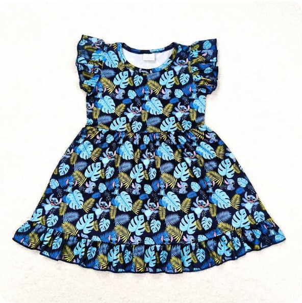 GSD0863 4.19y Cartoon Stitch Leaf Blue Flying Sleeve Dress