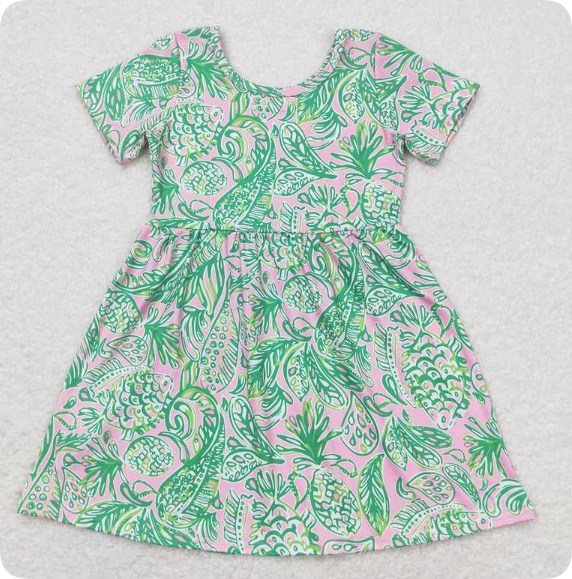 GSD1113 4.19y Seaweed pattern pastel green short-sleeved dress