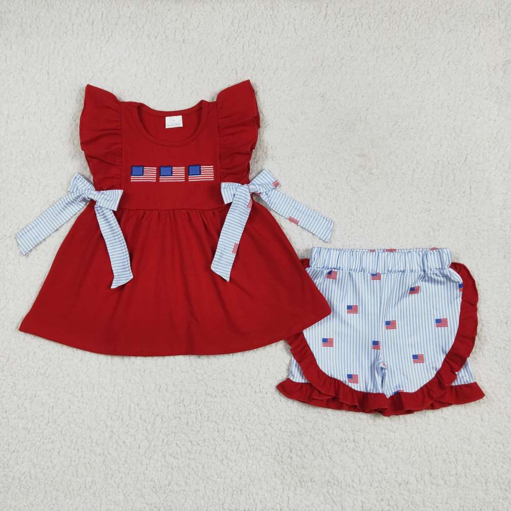 GSSO2375 4.21 y Embroidered National Day flag striped bow red flying sleeve shorts suit