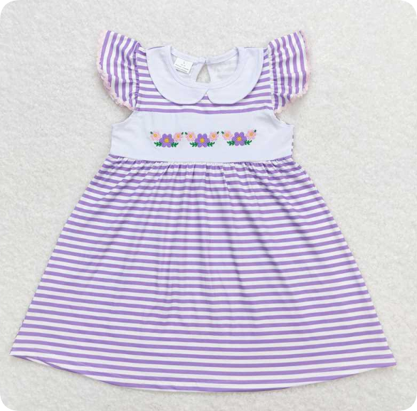 GSD0836 4.21y Floral purple and white striped baby doll collar flying sleeve dress