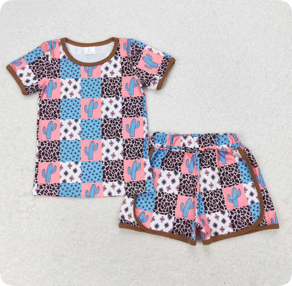GSSO1299 4.22 y Cactus Star Geometric Plaid Short Sleeve Shorts Set