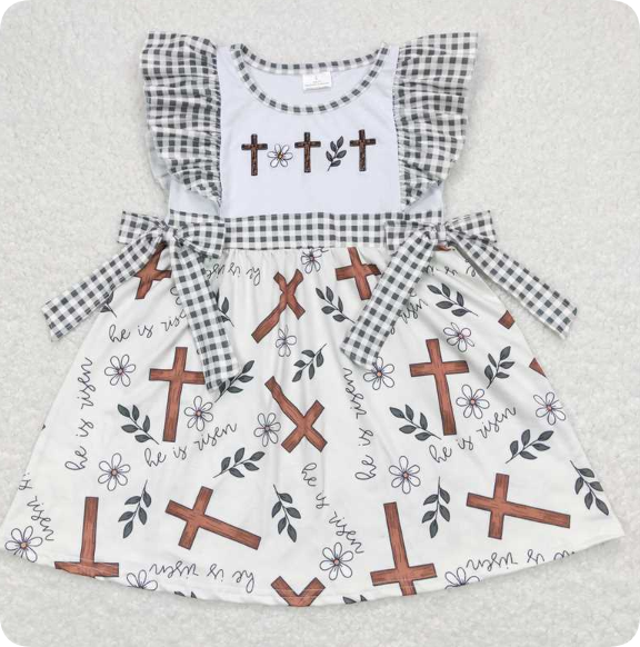 GSD0680 4.22y he is risen embroidered cross floral plaid bow beige short-sleeved dress