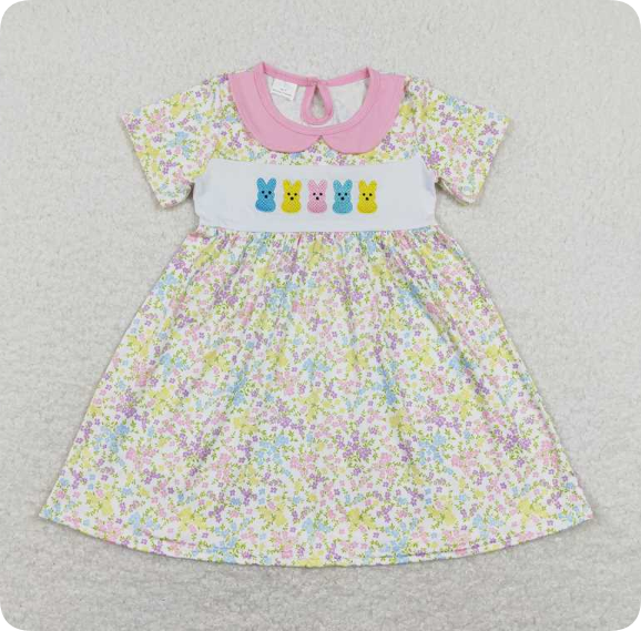 GSD0601 4.22y Embroidered Bow Easter Egg Rabbit Green and White Plaid Pink Lace Bow Flying Sleeve Dress