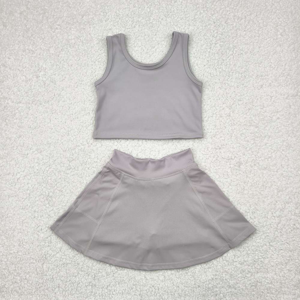 GSD1983 4.23y  Solid Light Gray Sleeveless Skirt Yoga Set