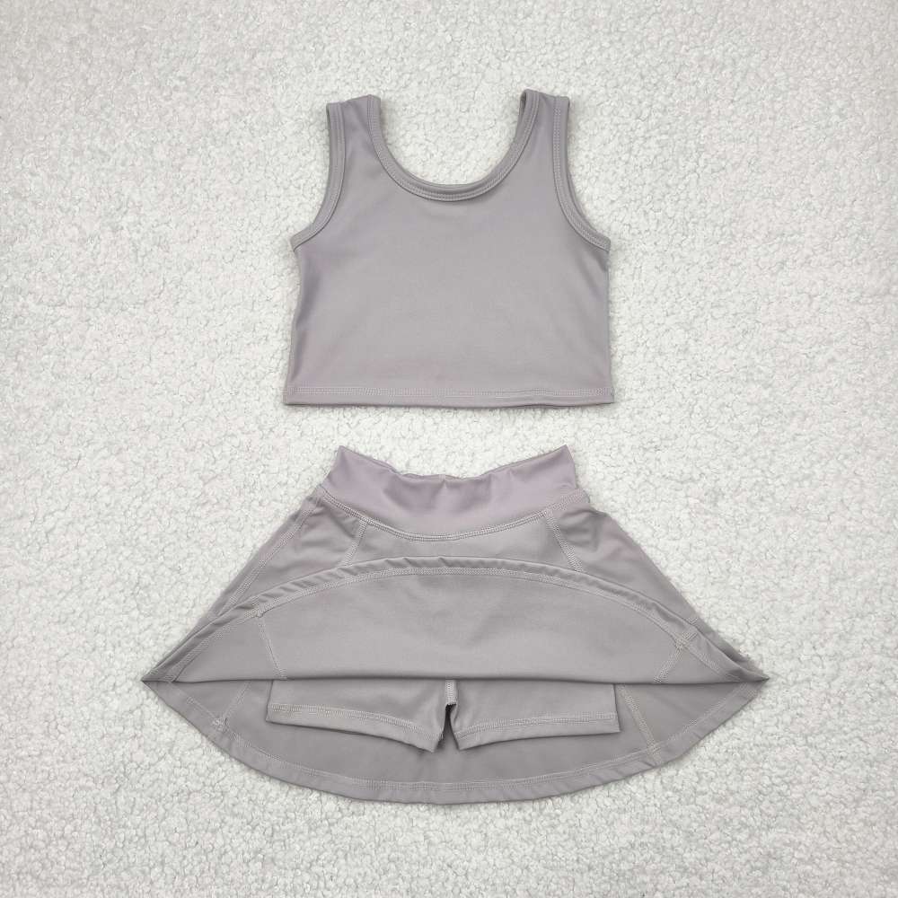 GSD1983 4.23y  Solid Light Gray Sleeveless Skirt Yoga Set