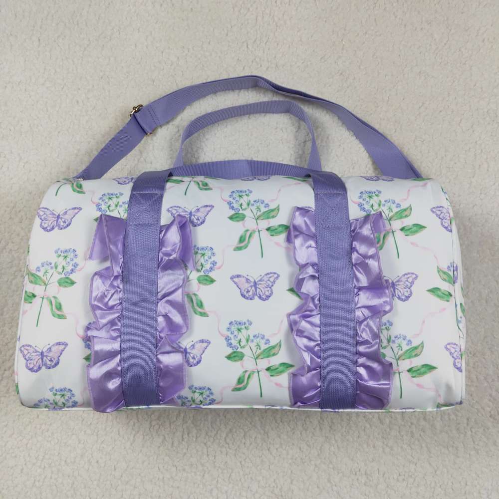 BA0293 4.23y  Flowers, leaves, butterflies, purple lace, white gym bag
