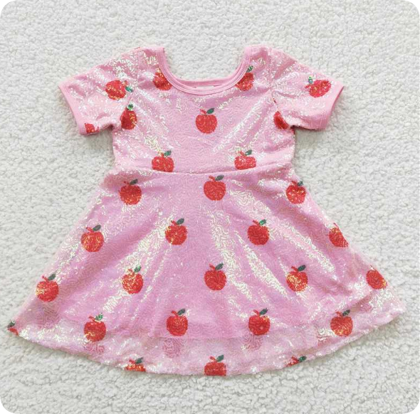 GSD0437 4.24y Red Apple Sequined Pink Short Sleeve Dress